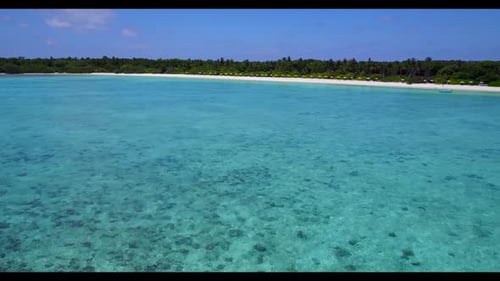 Aerial flying over tourism of marine island beach time by blue ocean and white sandy background of a