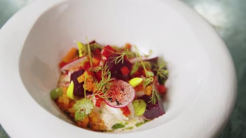 Set Table with Gourmet High Kitchen Dinner Plates and Dishes at the Restaurant