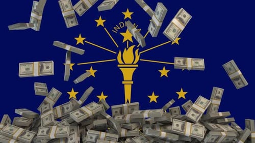 US Dollars falling in front of Indiana State Flag