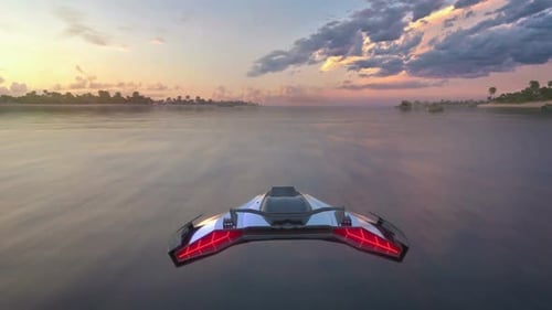 3d fake Video Game. Flight over the ocean at sunset