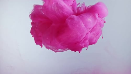 Pink pearl color paint drops in water against white background.