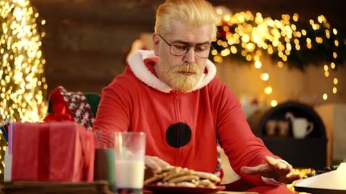 Man in Santa Outfit Writing at Christmas Decorated Table