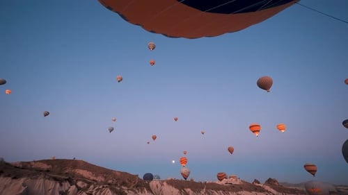 Hot Air Balloons Rising Over Landscape