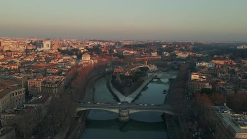 Panning right along Isola Tiberina on River Tiber in Rome