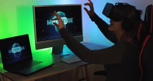 Woman Using VR Headset to Explore the Metaverse