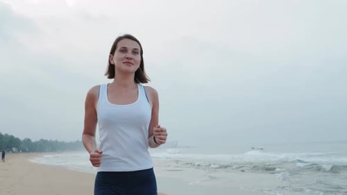 Beautiful Sportive Woman Tourist Run Running Along Beautiful Sandy Beach Healthy Lifestyle Enjoying