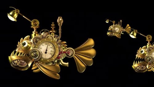 Seamless Loop Animation of Golden Steampunk Mechanical Fish