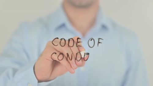 Code Of Conduct, Man Writing on Transparent Screen