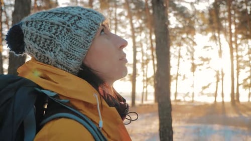 A Young Caucasian Girl with Backpack Going on Winter Forest Road in Snow Covered Winter Pine Forest
