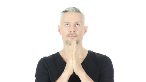 Beten, Hilfe mir Gott, Verärgert Mann mittleren Alters, weißer Hintergrund