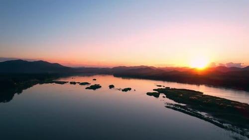 4K Flight Through Landscape River. Sunset landscape Amazing of Nature. thailand