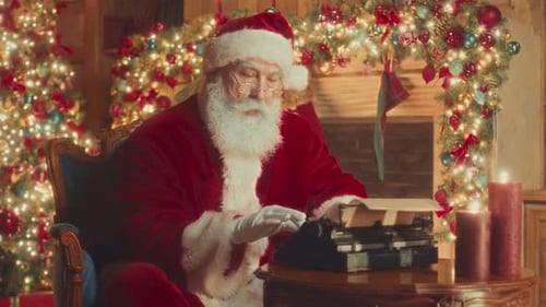 Santa Claus Writing Letters on Typewriter Indoors