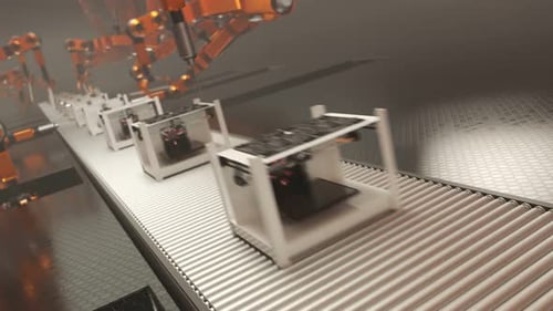 Fast robotic arms assembling 3d printer on a factory line in a loop. 4k HD