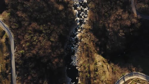Aerial View Mountain Landscape River Crossing Mountain Curved Road Overpass the River