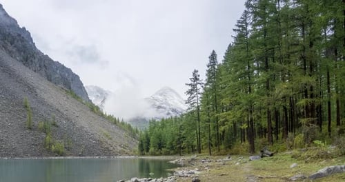 Mountain Lake Timelapse at the Summer or Autumn Time. Wild Nature and Rural Mount Valley. Green