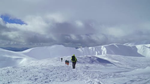 Gruppe von Wanderern, die im Winter Mountain Valley spazieren gehen