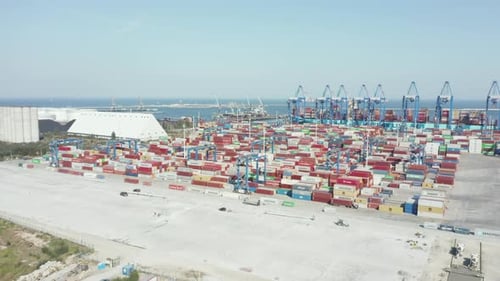 Sea Industrial Port with Containers and Container Ship Aerial View