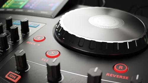 DJ Set in an endless. looping animation. Club music equipment in a studio lights