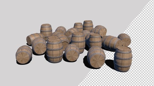 3D Animated Wooden Barrels Falling with Alpha Channel