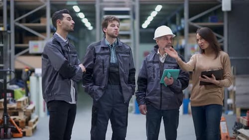 Group of People Standing in Warehouse Looking Up at Stock Racks Talking