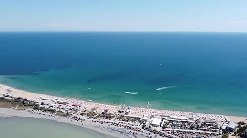 Bird'seye View of the Beach Spit with White Sand and Sun Loungers for Tourists