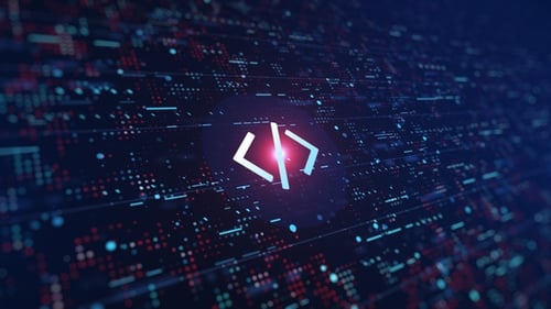 Glowing Code Symbol in Futuristic Digital Technology Background