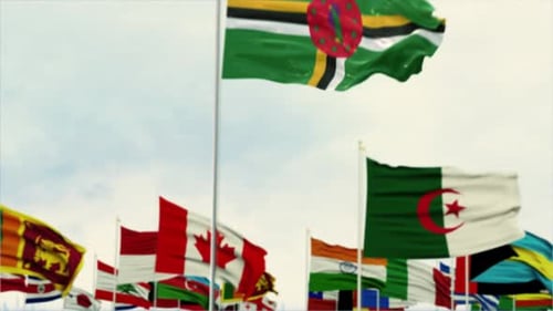 Collection of International Flags Waving Against a Cloudy Sky
