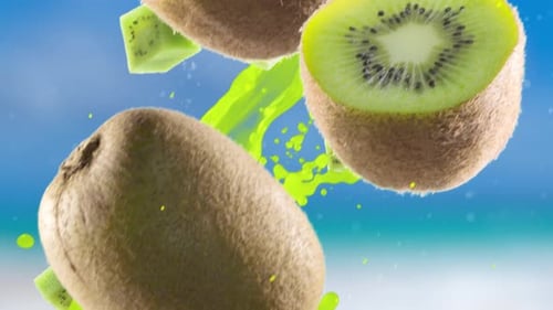 Animated Kiwi Fruit with Green Liquid Splash