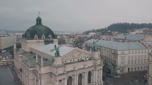 Aerial City Lviv, Ukraine. European City. Popular Areas of the City. Lviv Opera