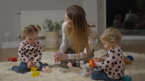 Woman and Two Toddlers Playing Together Indoors