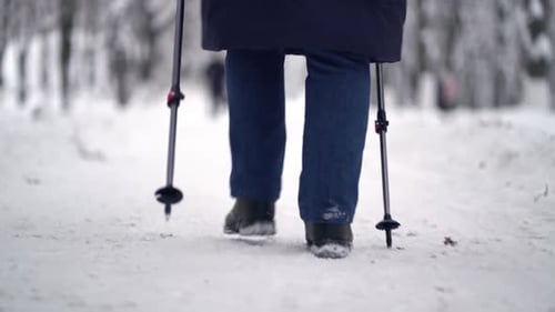 Winter Walker Using Poles in Snowy Park