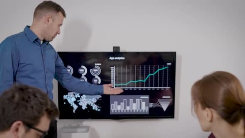 Boss of Financial Department Is Explaining a Strategy of Company for Workers at Work Meeting in