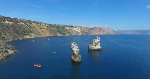 Aerial View on Beautiful Sea Rocky Coast with Cliffs in Crimea. Black Sea. Beautiful Aerial Drone
