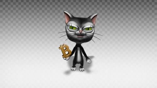 Animated Cartoon Cat Character Winks and Blinks with Bitcoin