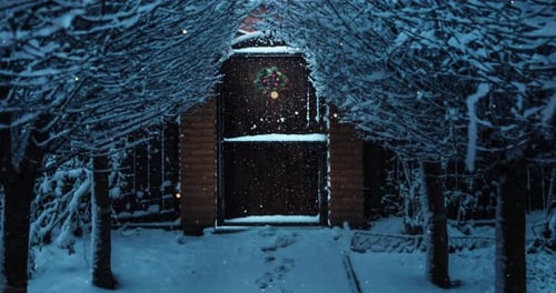 Slow approach to the entrance gate with Christmas decorations