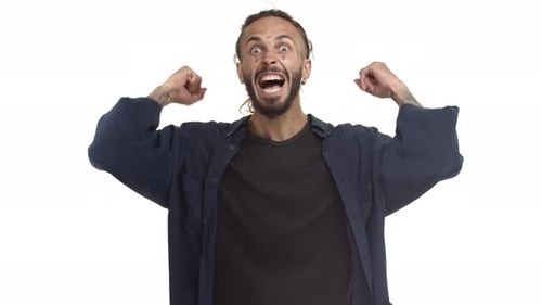 Man Cheering and Celebrating in Front of White Background
