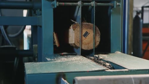 Saw Cuts Logs Into Neat Flat Boards