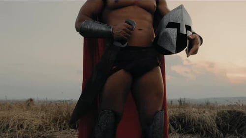 Handsome Spartan Posing in Dry Field, Sunset