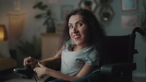 Woman in Wheelchair Smiles in Home Interior