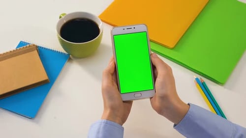 Schüler hält Smartphone mit Greenscreen, Online-Bildungs-App, Unterricht