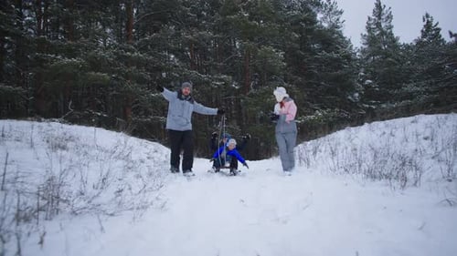 Outdoor Activities Cheerful Parents with Little Cute Boys Have Fun Outside the City Sledding and