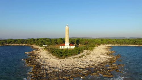 Aerial view of a lighthouse, Croatia with landscape in the background
