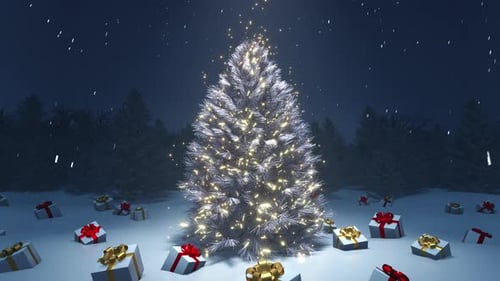 Glowing Christmas Tree and Presents in Snowy Night Landscape