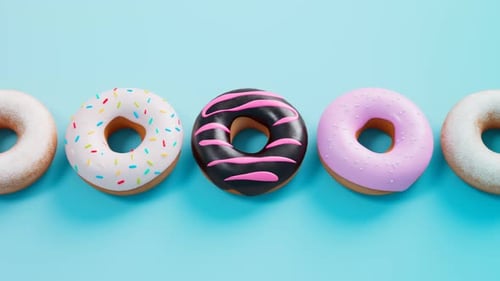Uma fileira de rosquinhas vidradas coloridas. Animação em loop perfeita. Sobremesa doce.