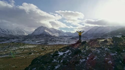 Young Hiker On Mountain Peak At Sunset Successful Pose Outstretched Arms Business Life Achievement C