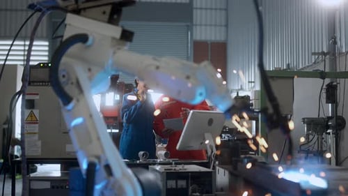 engineer cooperation male and female technician maintenance control relay robot