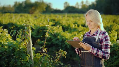 Happy Female Farmer Uses a Tablet Near Her Garden