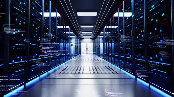 Camera Moving Through Rack Servers in Data Center. Big Data Storage ...