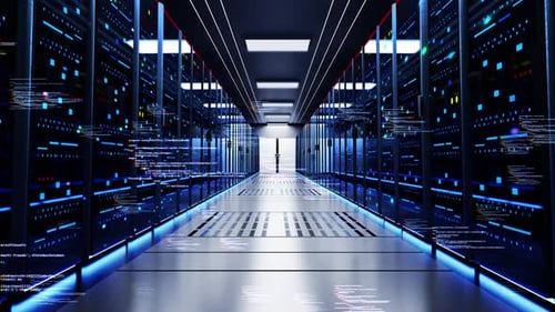 Camera Moving Through Rack Servers in Data Center. Big Data Storage. Modern Internet Network