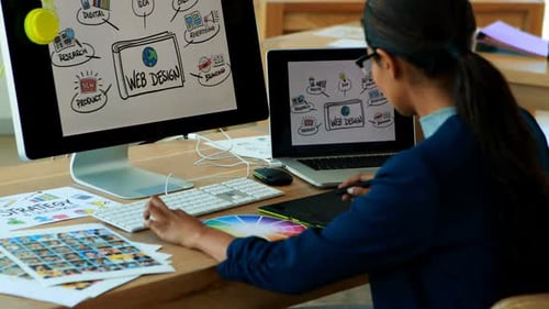 Woman Designing Webpage at Computer Desk
